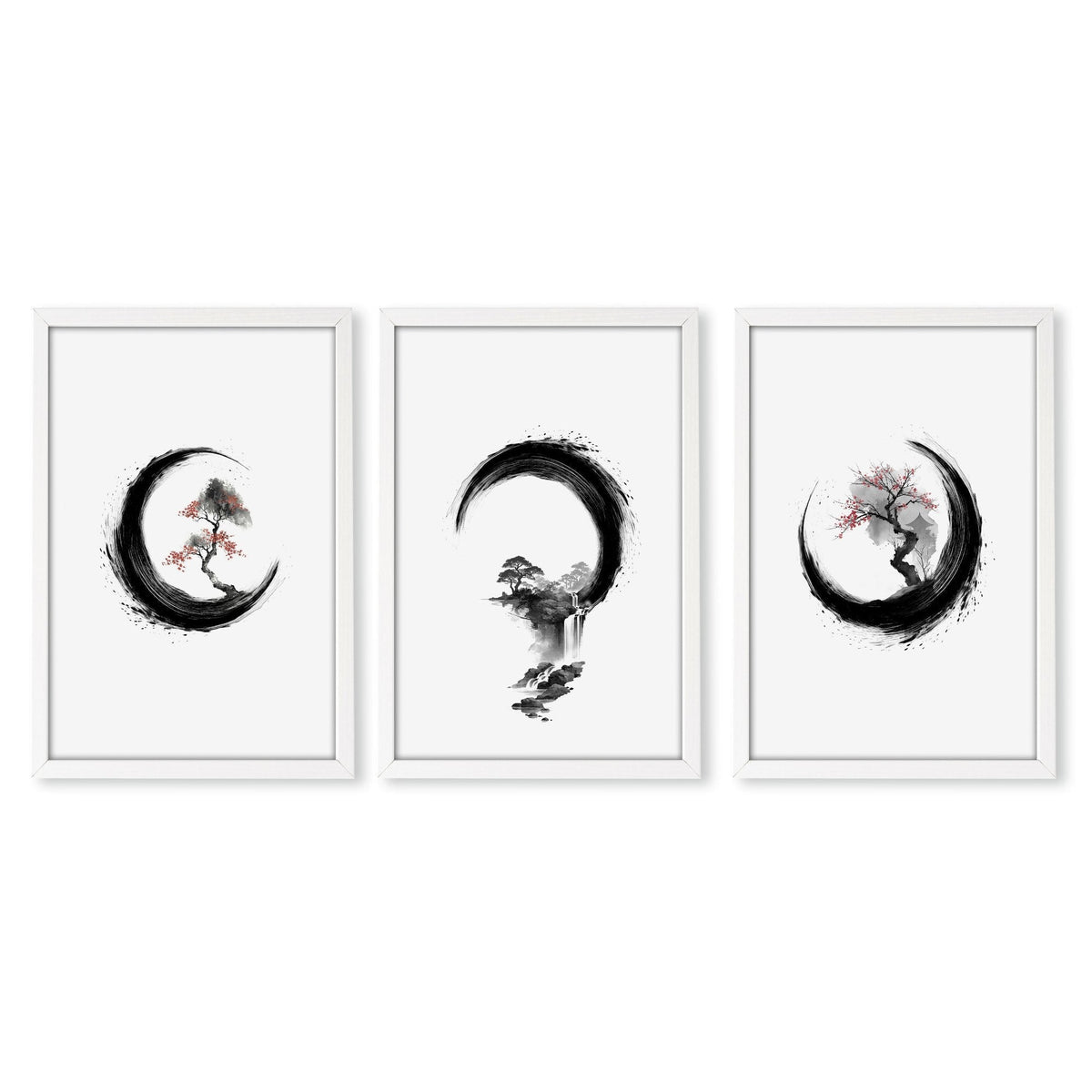 Cherry Blossom Painting Japandi Enso Circle Ink Art | Set of 3