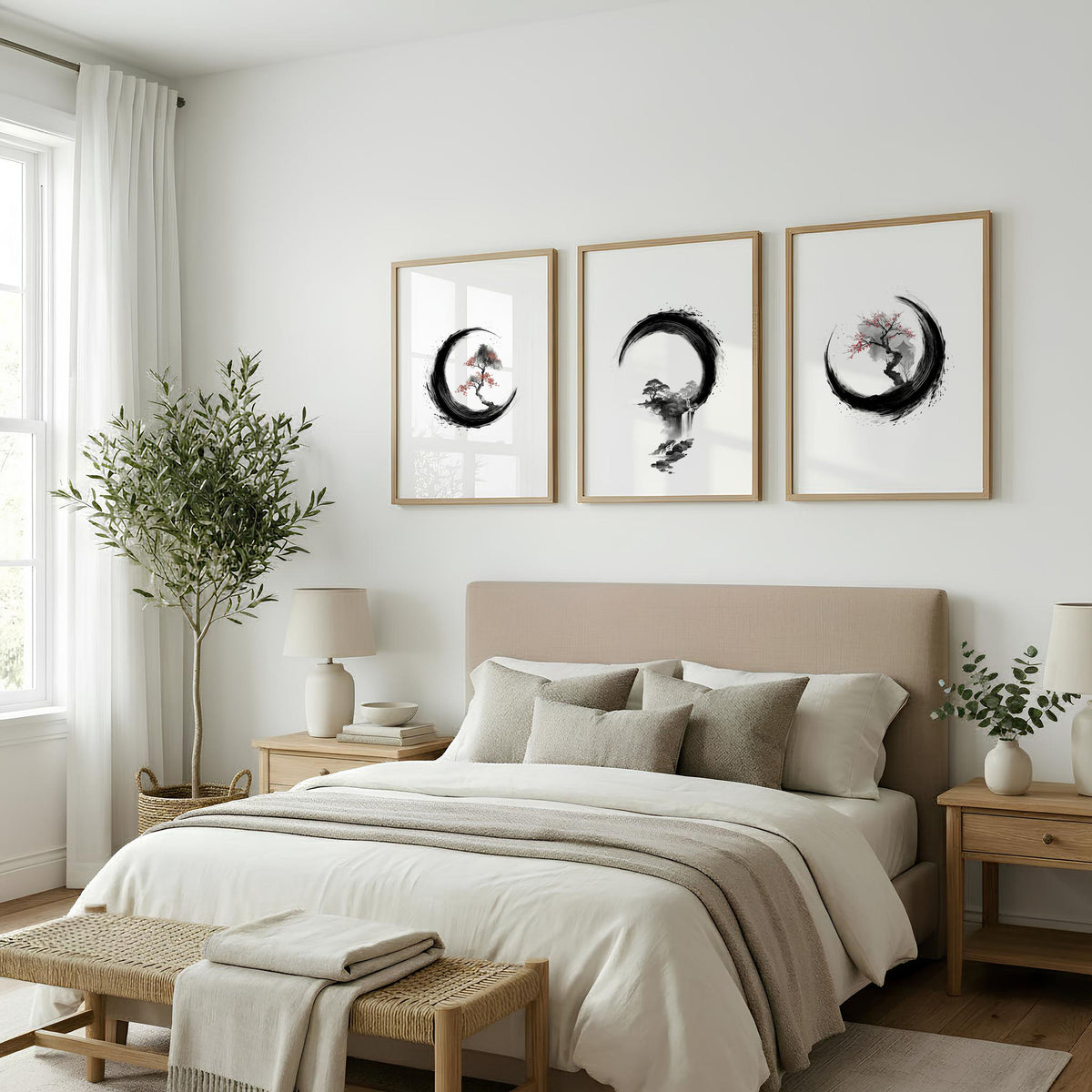 Cherry Blossom Painting Japandi Enso Circle Ink Art | Set of 3
