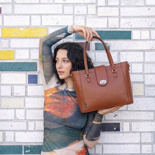 Leather Mini Twist Lock Shopper Bag - Chestnut