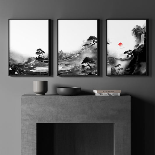 Chinese Wall Art Black & White Ink Landscape Red Sun Japandi | Set of 3