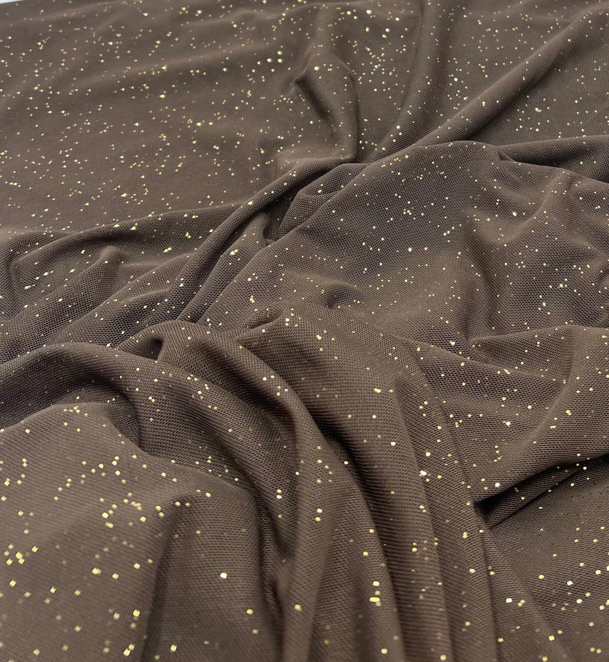 Chocolate Gold Glitter Sparkle Mesh Fabric Stretch