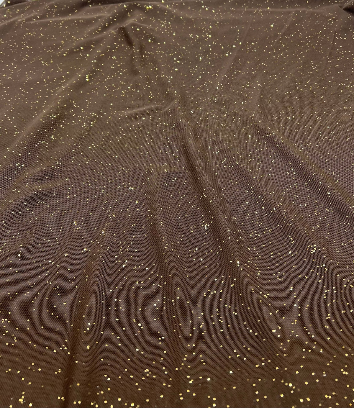 Chocolate Gold Glitter Sparkle Mesh Fabric Stretch