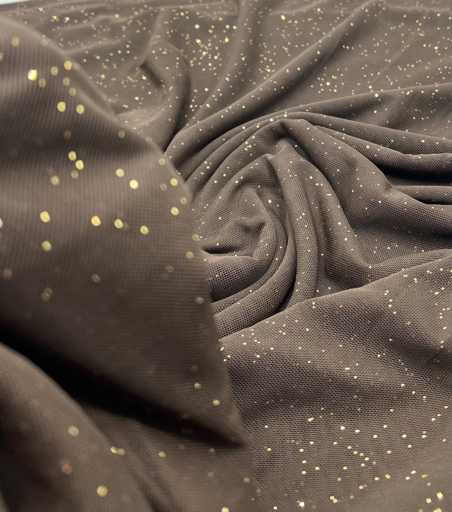Chocolate Gold Glitter Sparkle Mesh Fabric Stretch