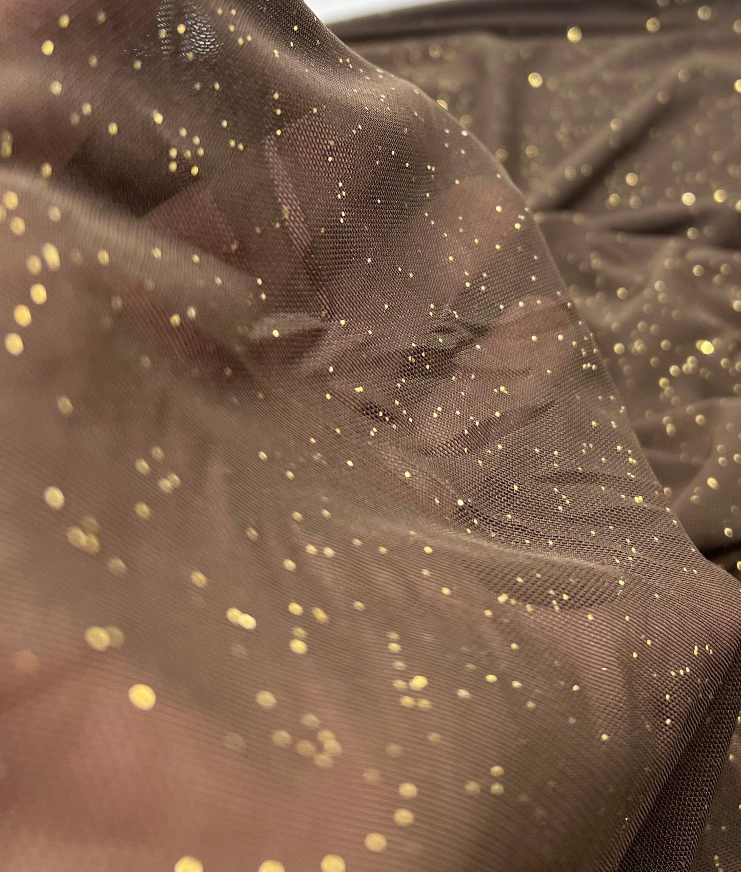 Chocolate Gold Glitter Sparkle Mesh Fabric Stretch