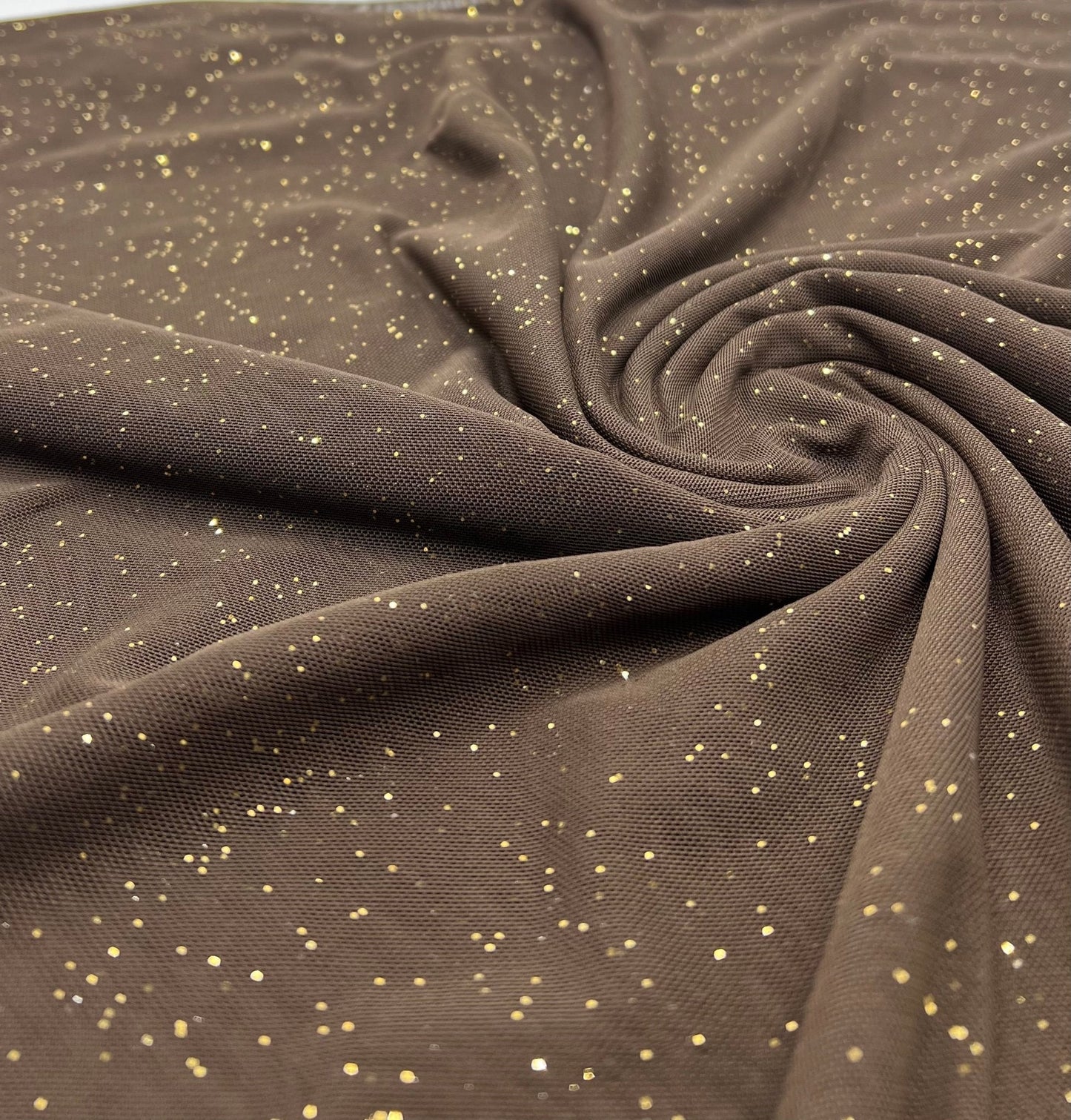 Chocolate Gold Glitter Sparkle Mesh Fabric Stretch