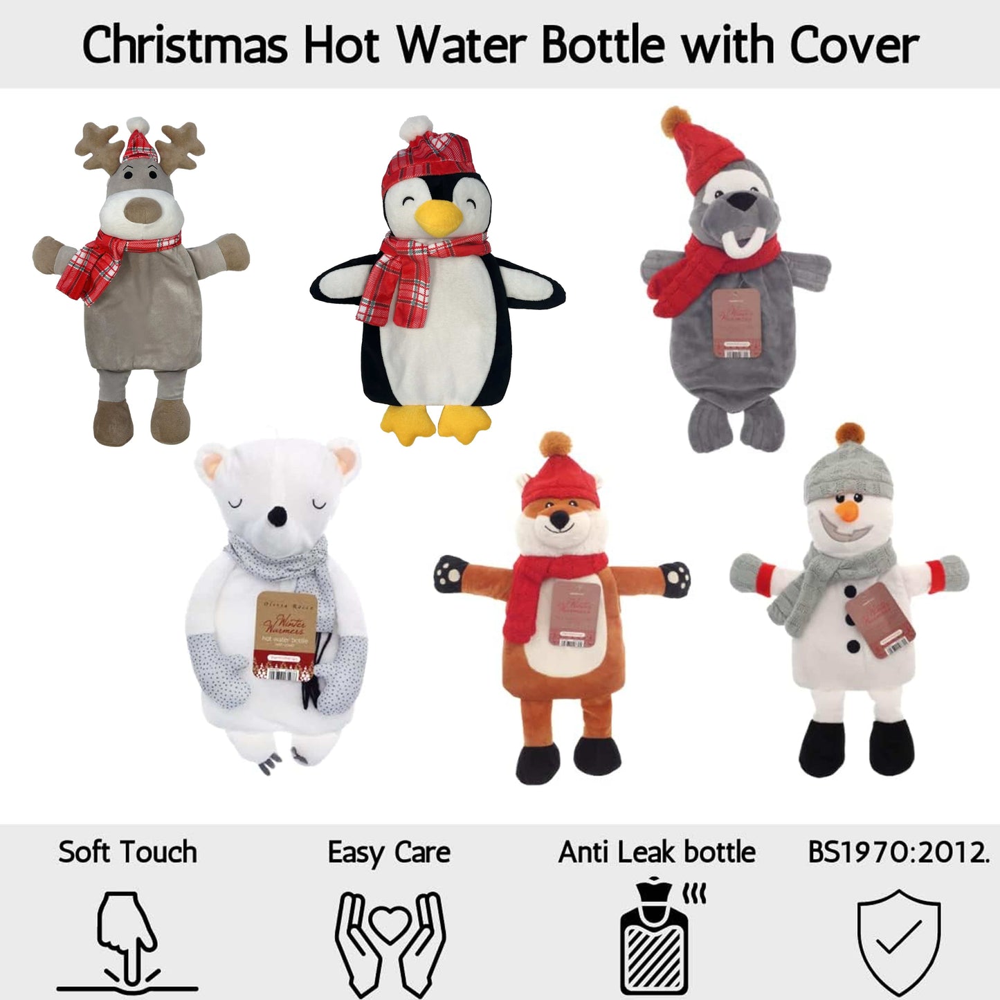 Festive Penguin Christmas Hot Water Bottle with Cover 1L Natural Rubber UK Safe Tested Winter Ideal Gift for Adults Kids by OLIVIA ROCCO
