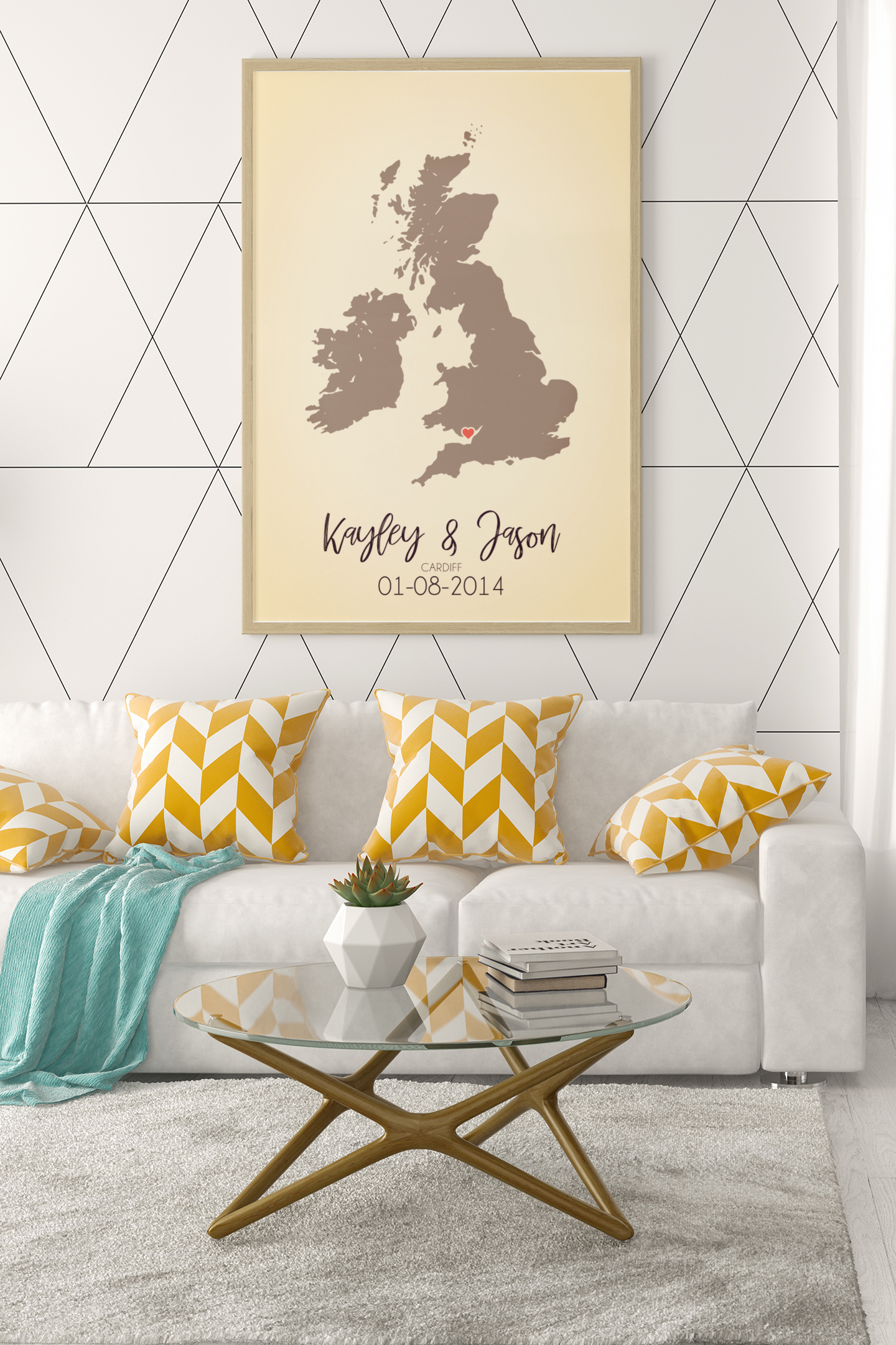 Couples United Kingdom Map with Special Dates & Heart Personalised Wall Decor Print with 10 New Styles