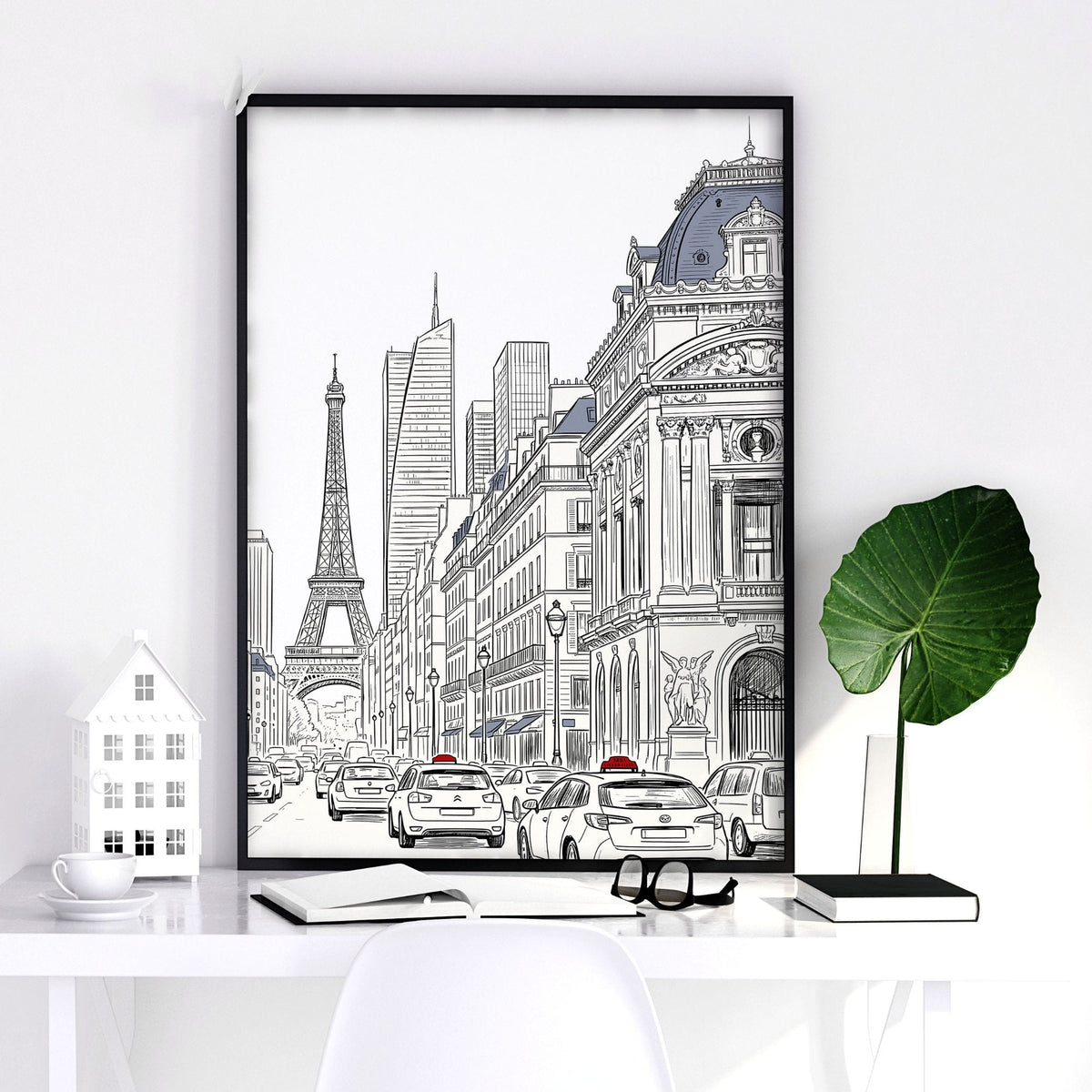 City Wall Art Paris Street Scenes with Eiffel Tower Line Drawing | Set of 2