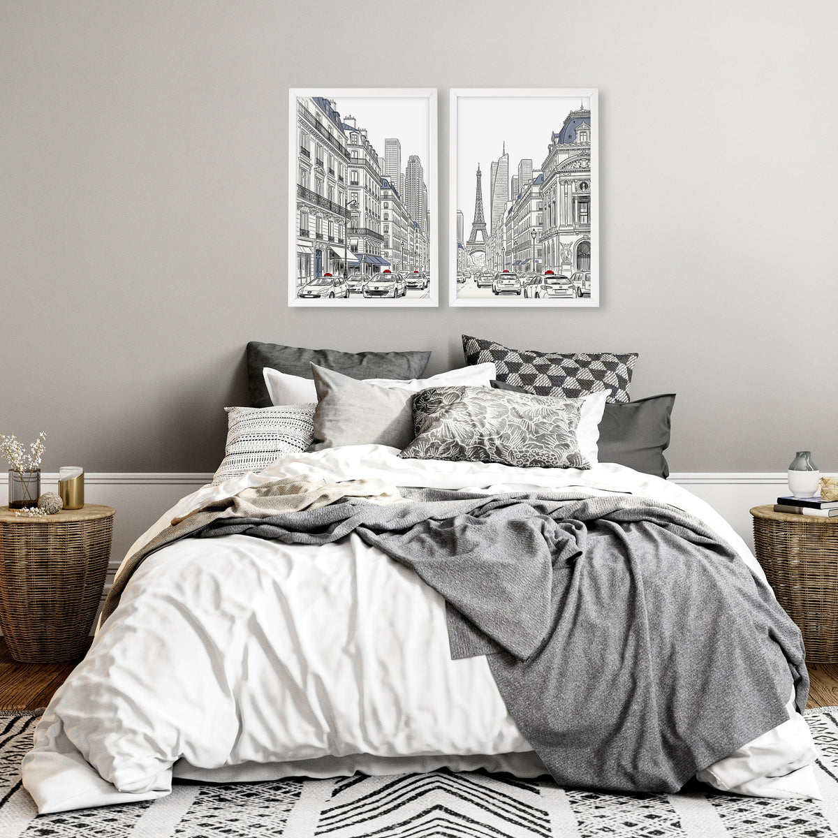 City Wall Art Paris Street Scenes with Eiffel Tower Line Drawing | Set of 2