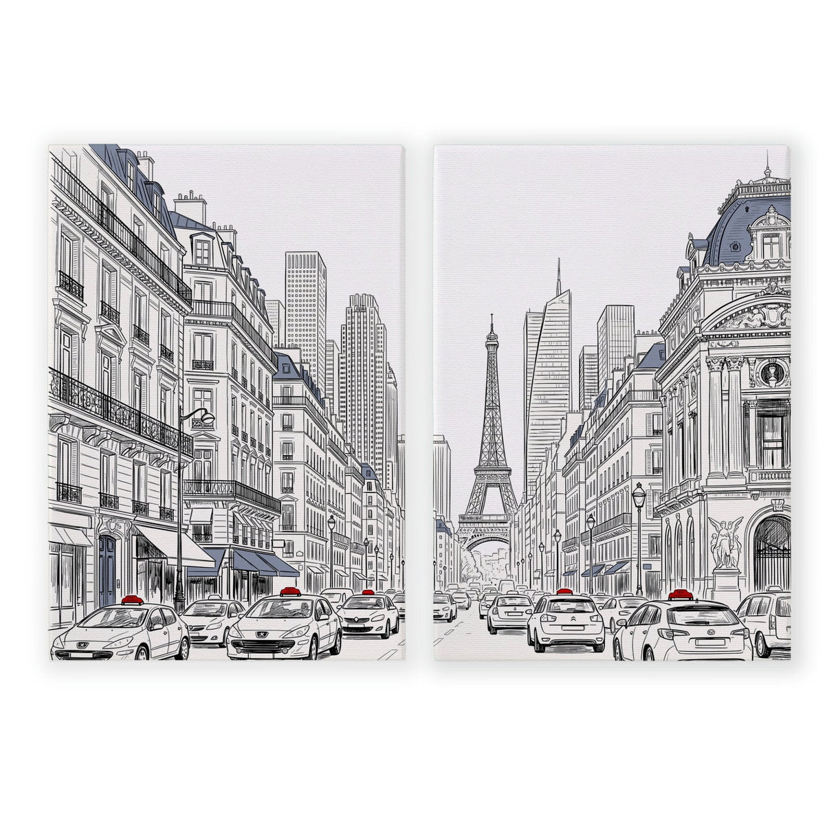 City Wall Art Paris Street Scenes with Eiffel Tower Line Drawing | Set of 2