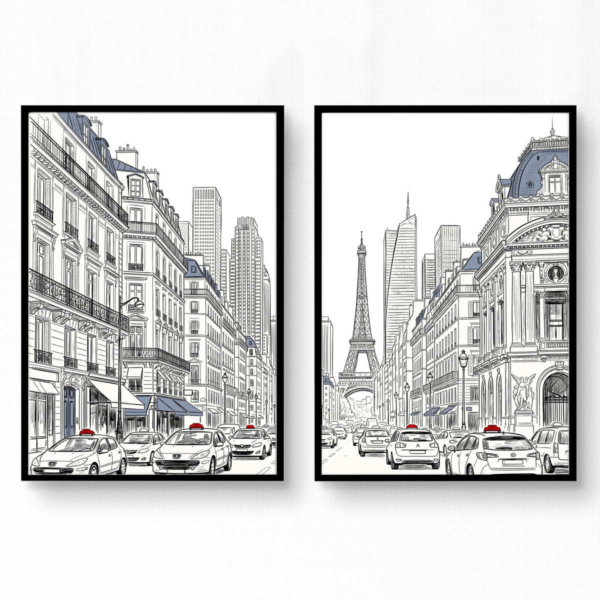 City Wall Art Paris Street Scenes with Eiffel Tower Line Drawing | Set of 2