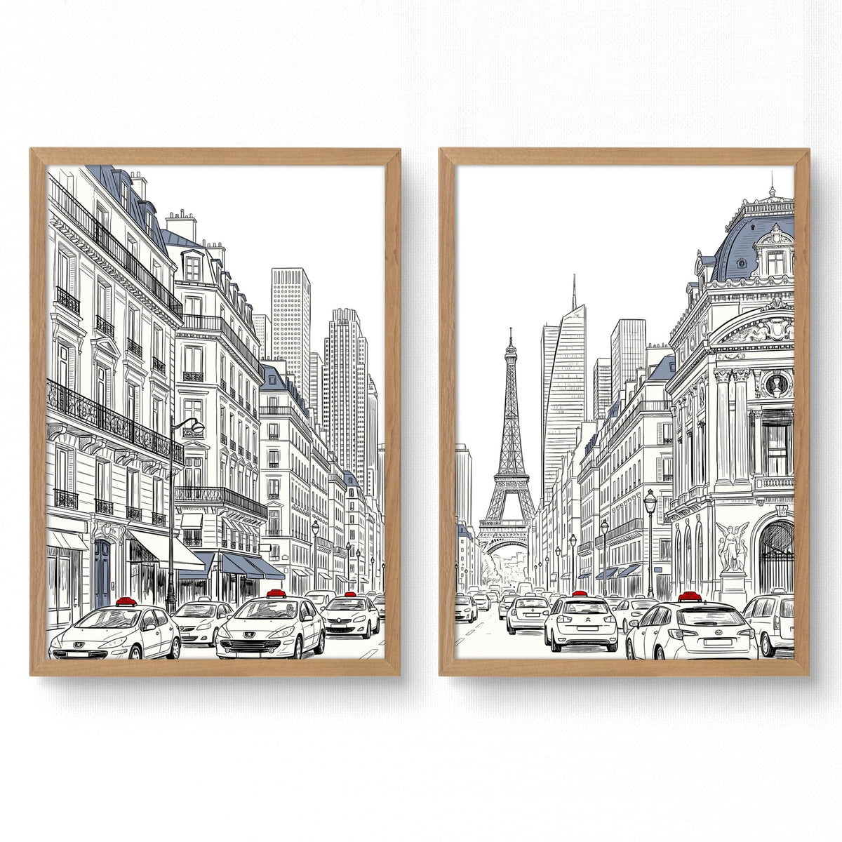 City Wall Art Paris Street Scenes with Eiffel Tower Line Drawing | Set of 2
