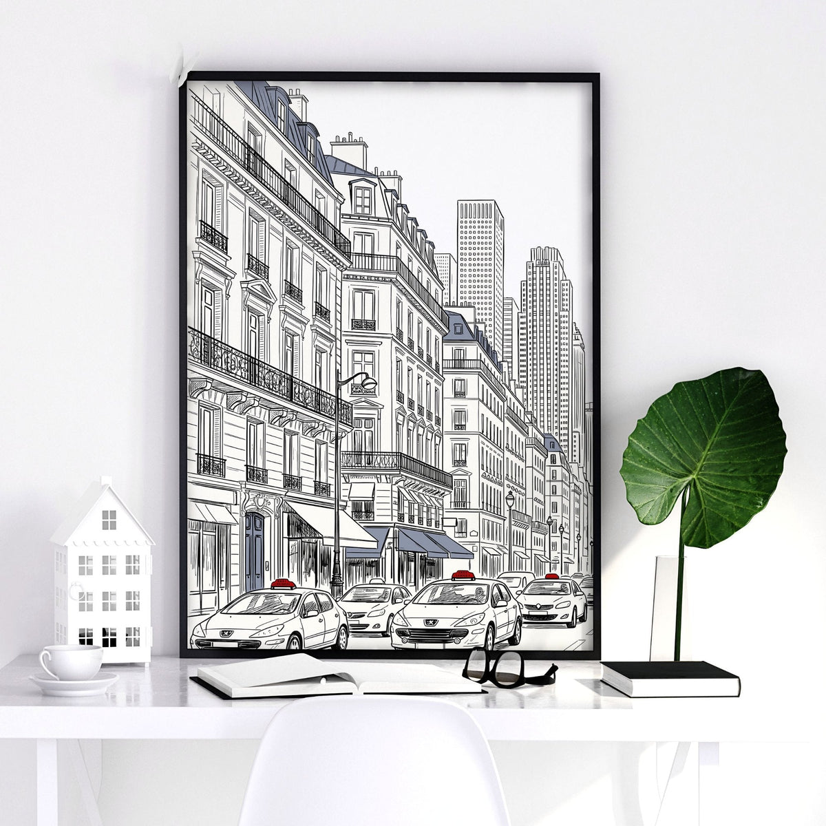 City Wall Art Paris Street Scenes with Eiffel Tower Line Drawing | Set of 2