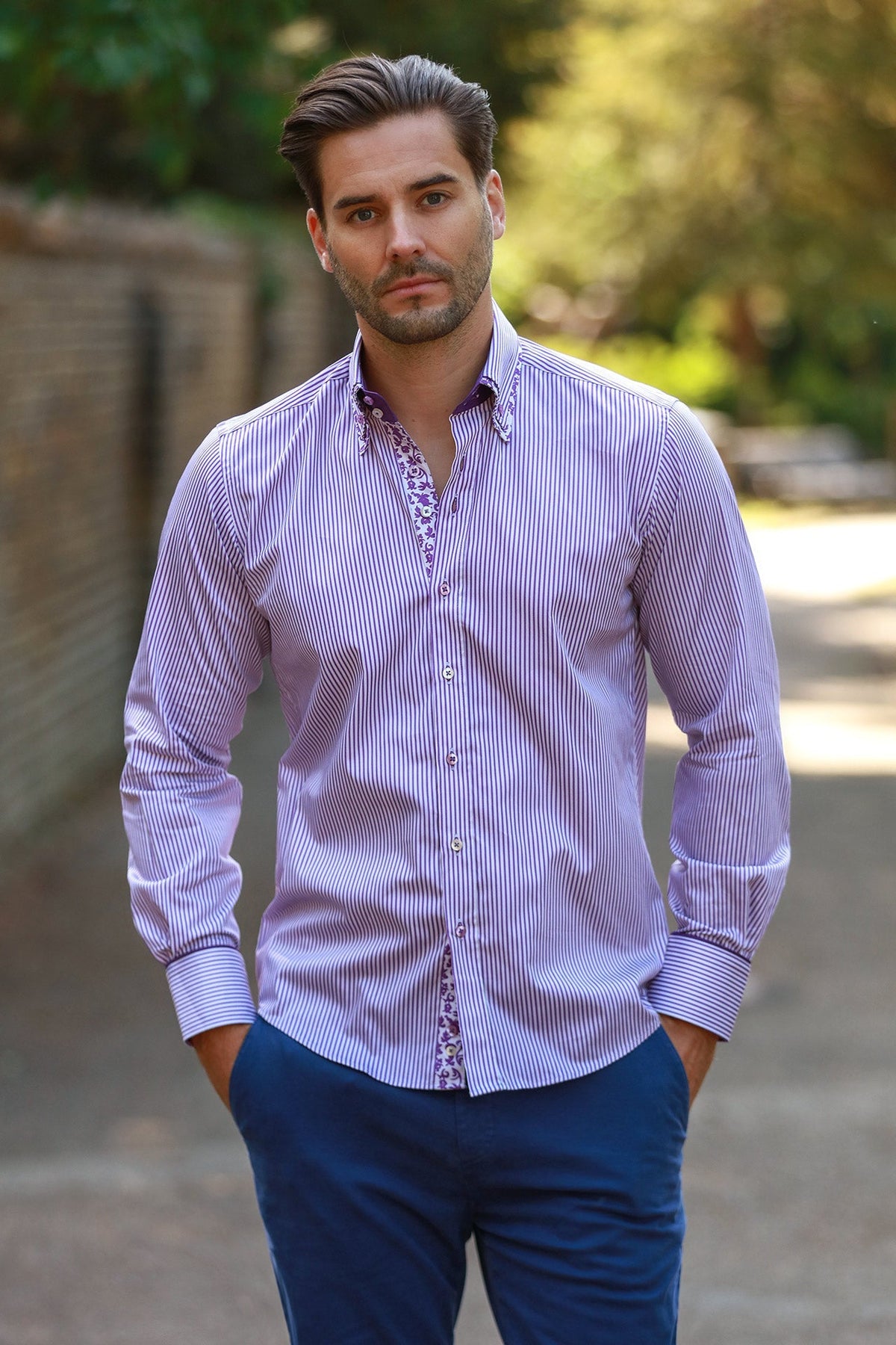 Stripe Double Collar Print Shirt