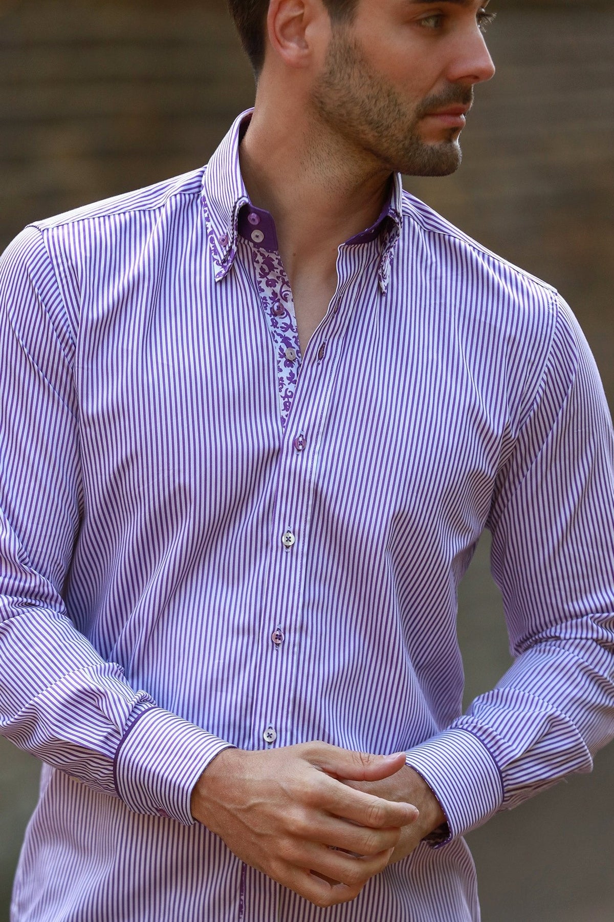 Stripe Double Collar Print Shirt
