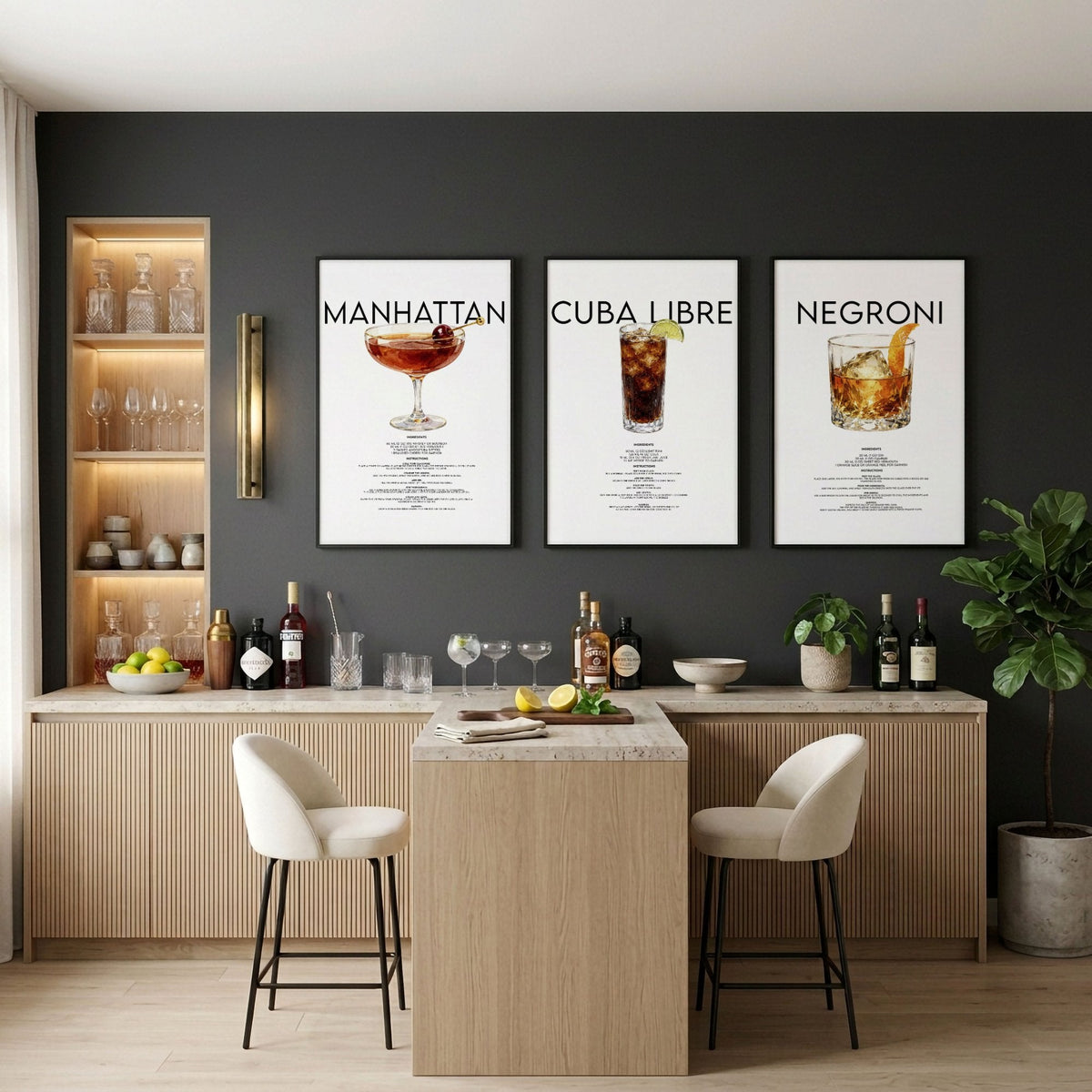 Cocktail Bar Wall Art "Manhattan, Cuba Libre & Negroni" Recipe Prints | Set of 3