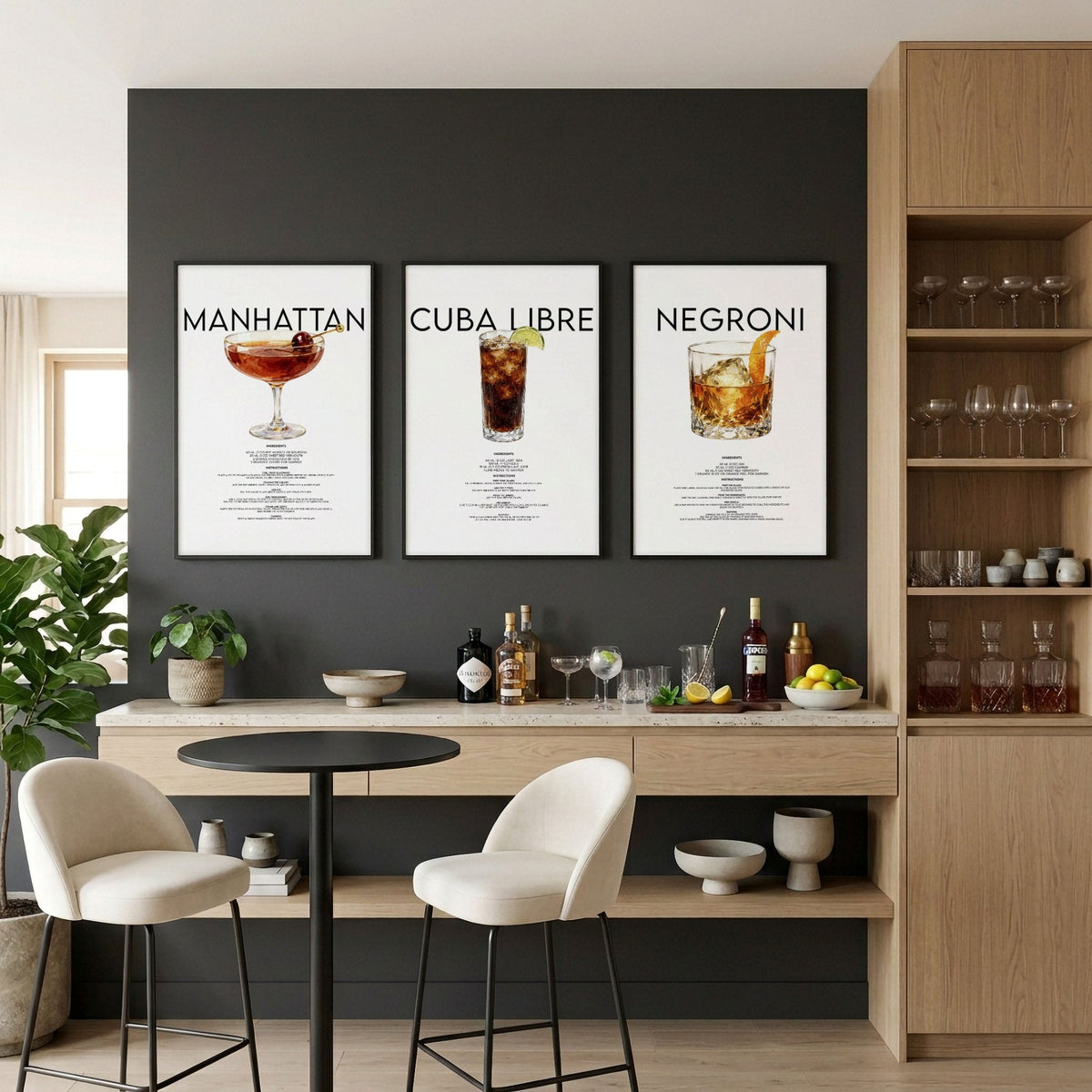 Cocktail Bar Wall Art "Manhattan, Cuba Libre & Negroni" Recipe Prints | Set of 3