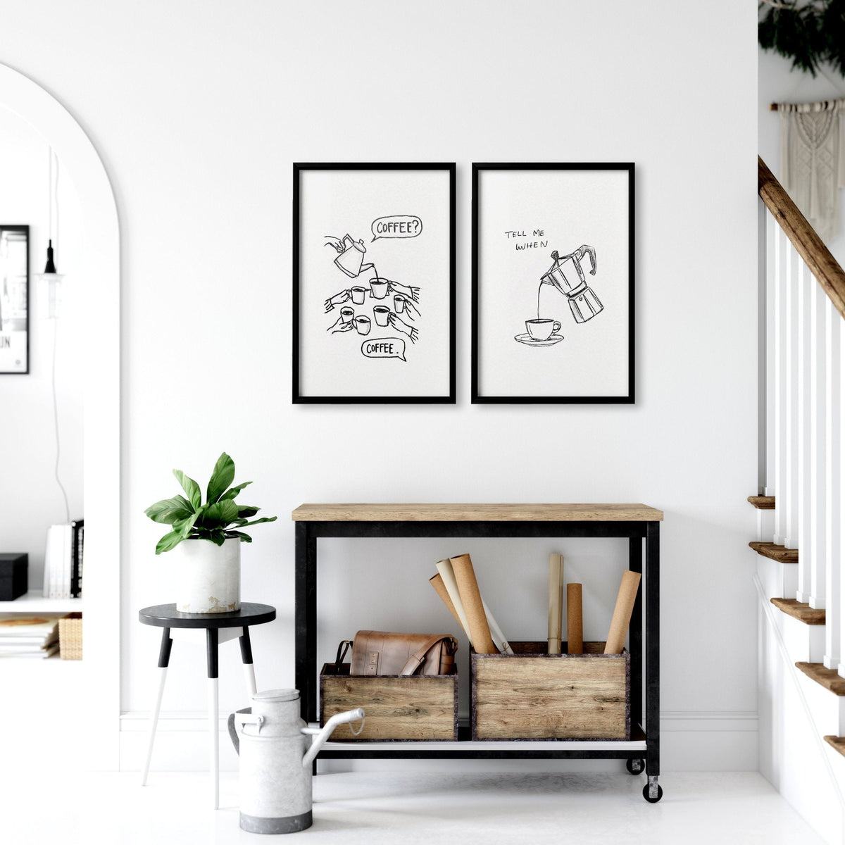Coffee Print "Coffee? / Tell Me When" Black & White Sketch Kitchen Wall Art Prints | Set of 2
