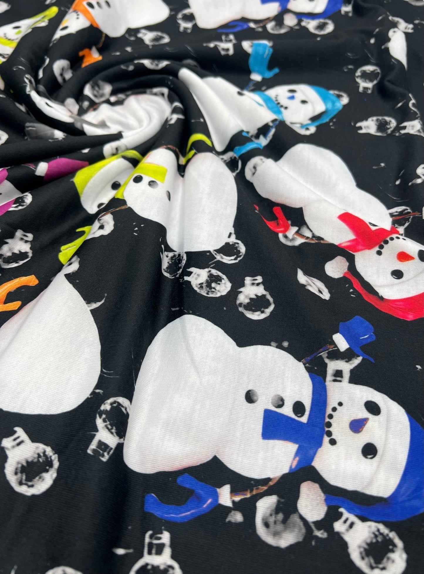 Colorful Scarves Snowman Print Soft Spun Poly Stretch Fabric