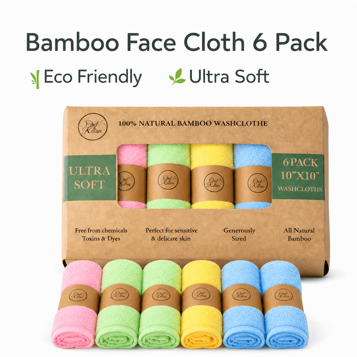 Colourful Organic Bamboo Face Cloths | Luxury Eco Face Cloths | 6 Pack