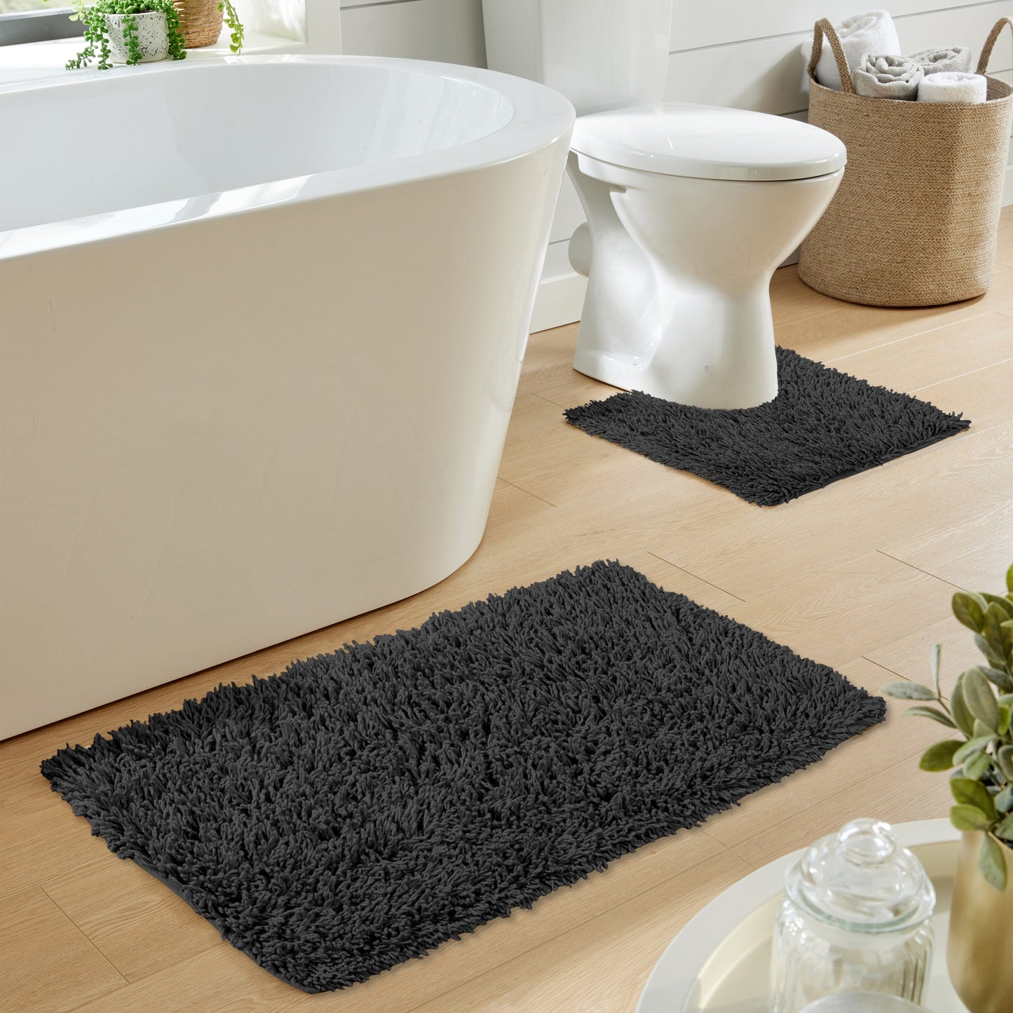 Como 2 Piece Black Bath Mat & Pedestal Set Non-Slip Super Absorbent Cotton Bathroom Mats by OLIVIA ROCCO