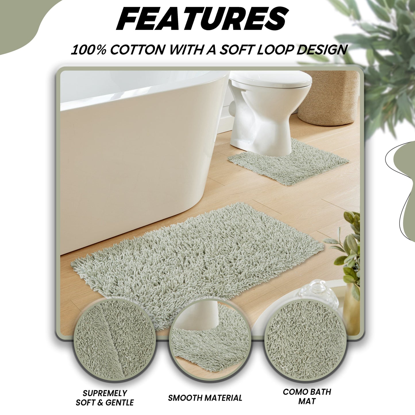 Como 2 Piece Sage Green Bath Mat & Pedestal Set Non-Slip Super Absorbent Cotton Bathroom Mats by OLIVIA ROCCO