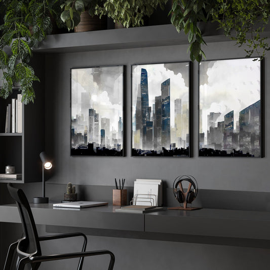 Contemporary Art Wall Decor | Set of 3 Urban Skyscrapers Wall art Prints