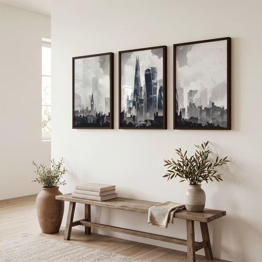 Contemporary Wall Art Large London Skyline Grey Watercolour Cityscape | Set of 3