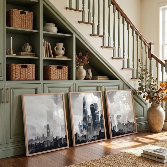 Contemporary Wall Art Large London Skyline Grey Watercolour Cityscape | Set of 3
