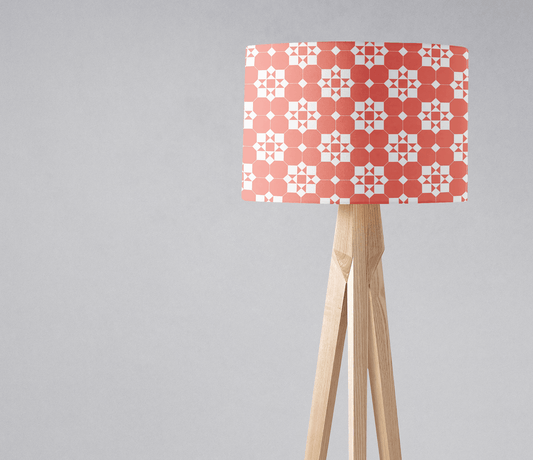 Coral and White Drum Lampshade, Victorian Tiles Design Shade for Table, Floor or Ceiling Pendant Light