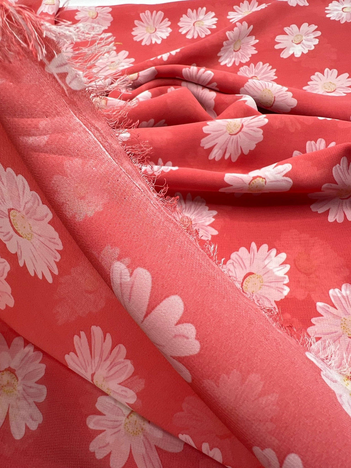 Coral Daisy Floral Printed Chiffon Dress Fabric