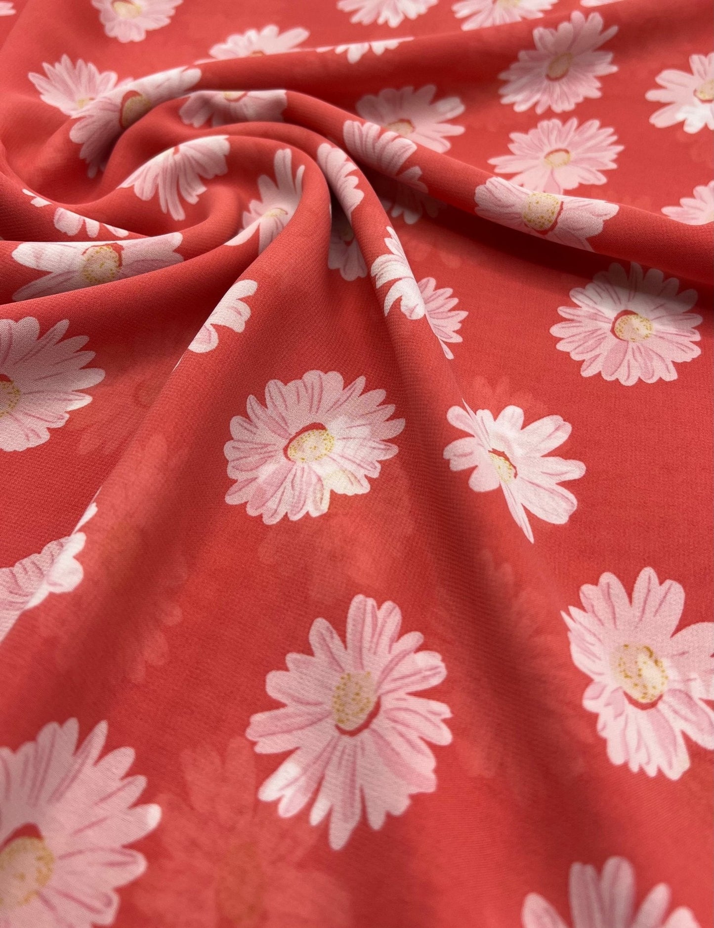 Coral Daisy Floral Printed Chiffon Dress Fabric