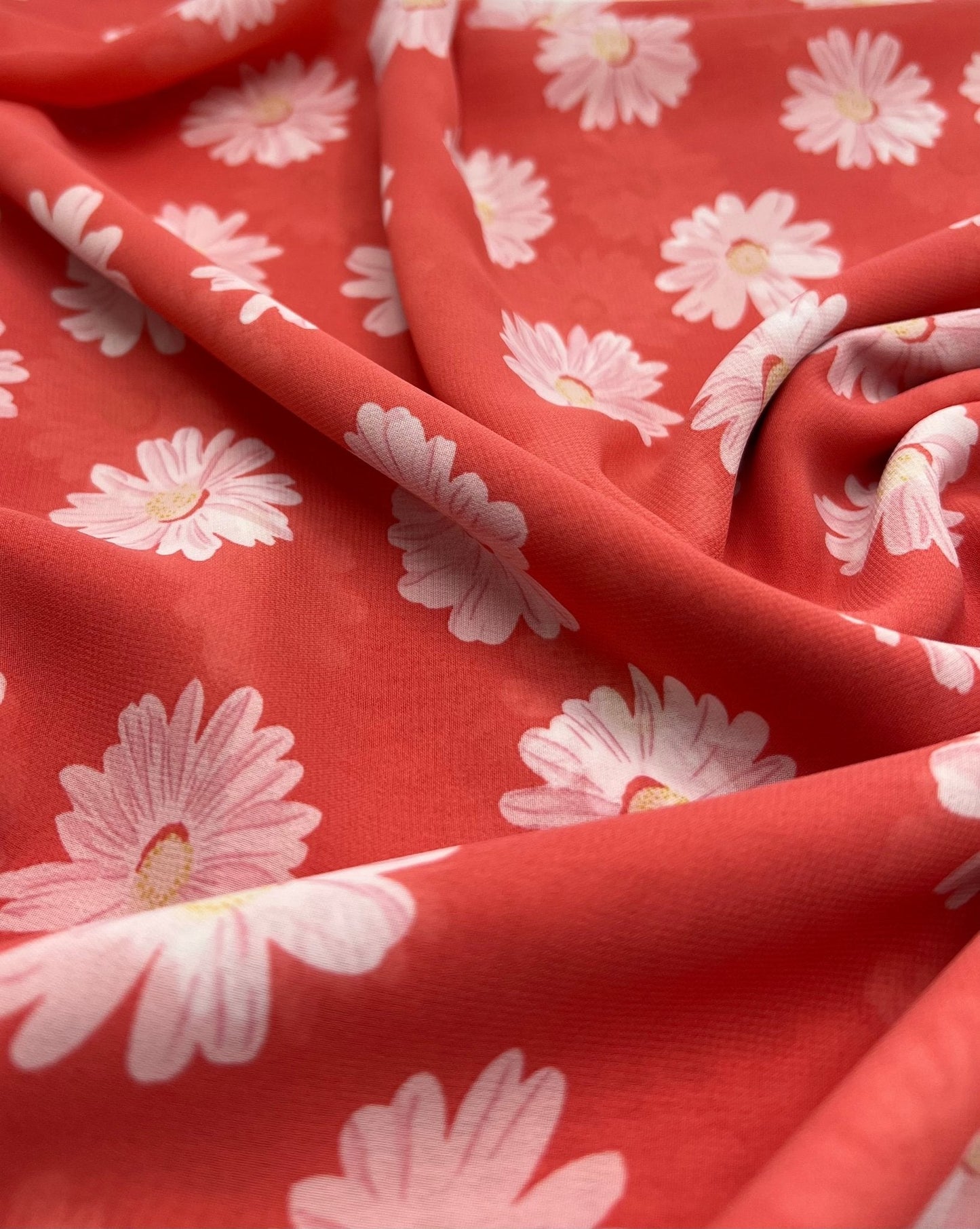 Coral Daisy Floral Printed Chiffon Dress Fabric