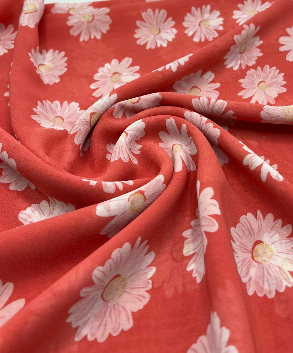 Coral Daisy Floral Printed Chiffon Dress Fabric