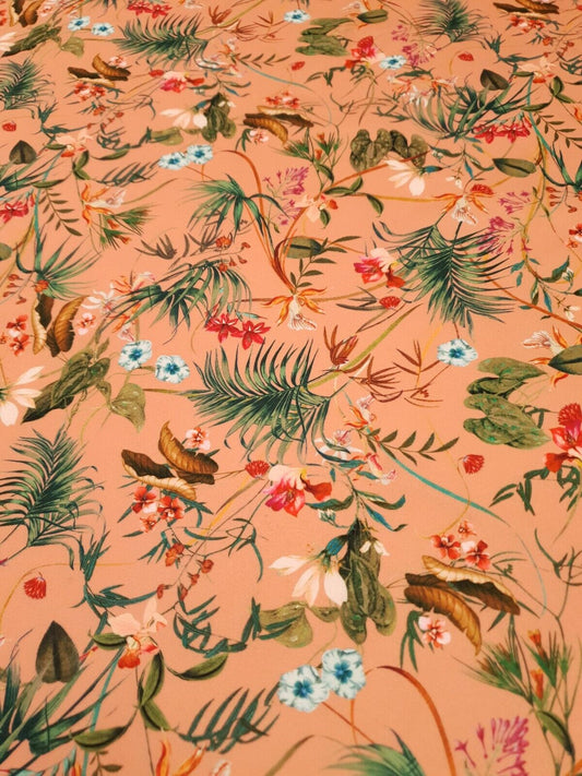 Coral Floral Printed Scuba Crepe Jersey Fabric 4 Way Stretch
