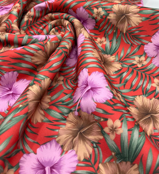 Coral Pink Floral Printed Scuba Crepe Jersey Fabric 4 Way Stretch
