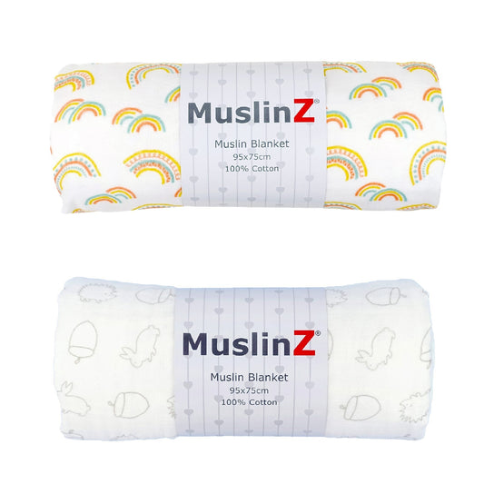 Cotton Muslin Baby Blanket - Rainbow or Woodland