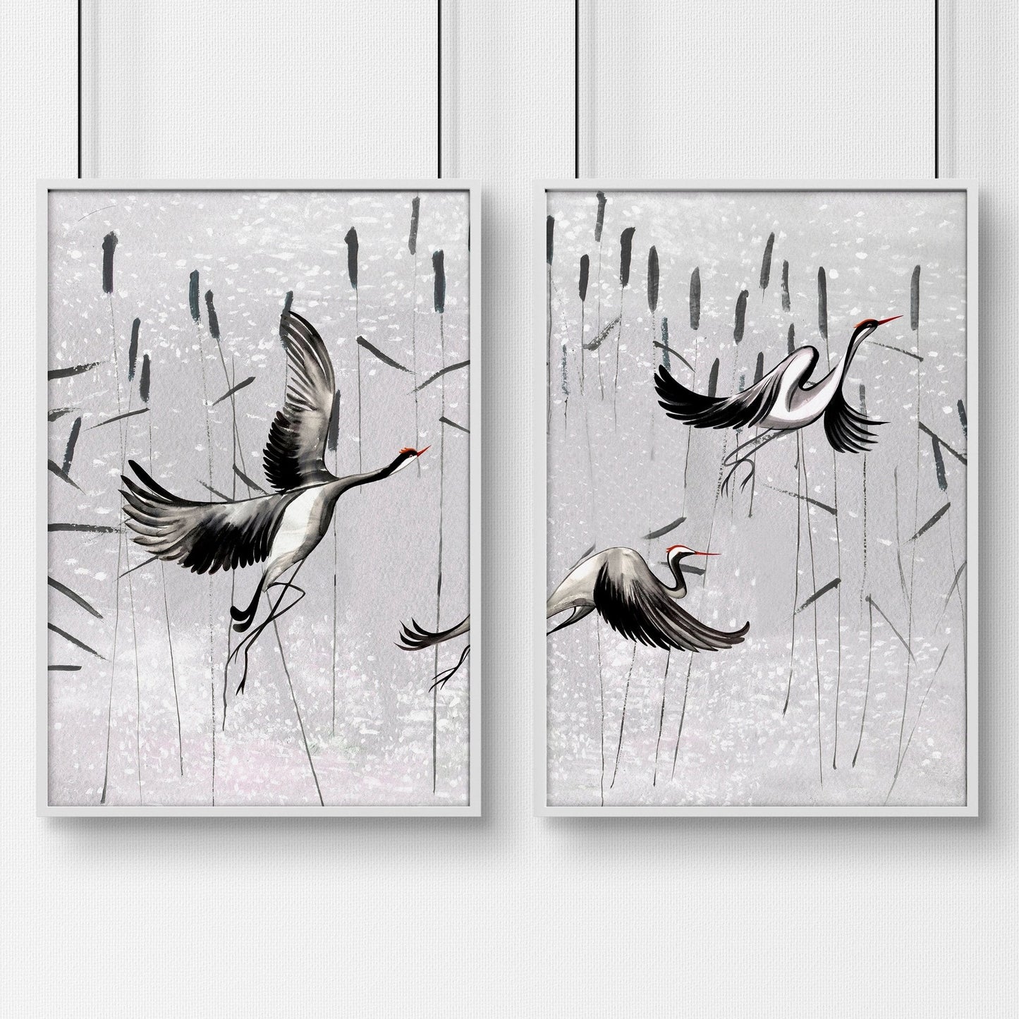 Cranes Japanese Art for home office | Set of 2 wall art prints