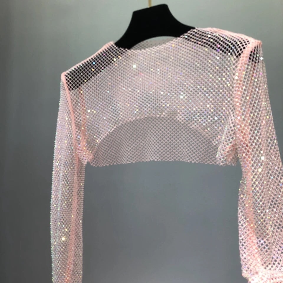 Cropped Embellished Mesh Top