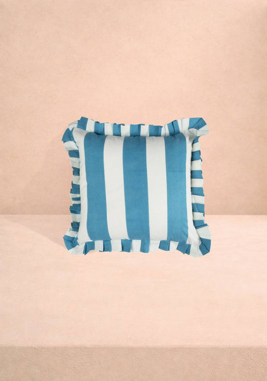 Blue and White Cabana Striped Ruffled Cushion Cover