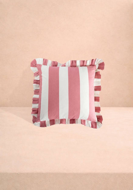 Pink Candy Cabana Stripe Ruffled Cushion Cover