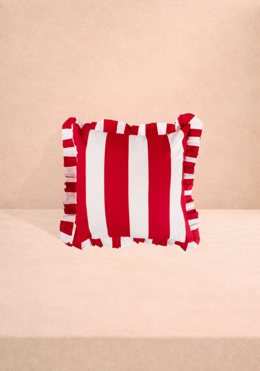 Red Cabana Stripe Ruffled Cushion Cover