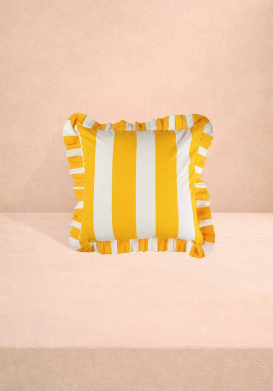 Yellow Cabana Stripe Ruffled Cushion Cover