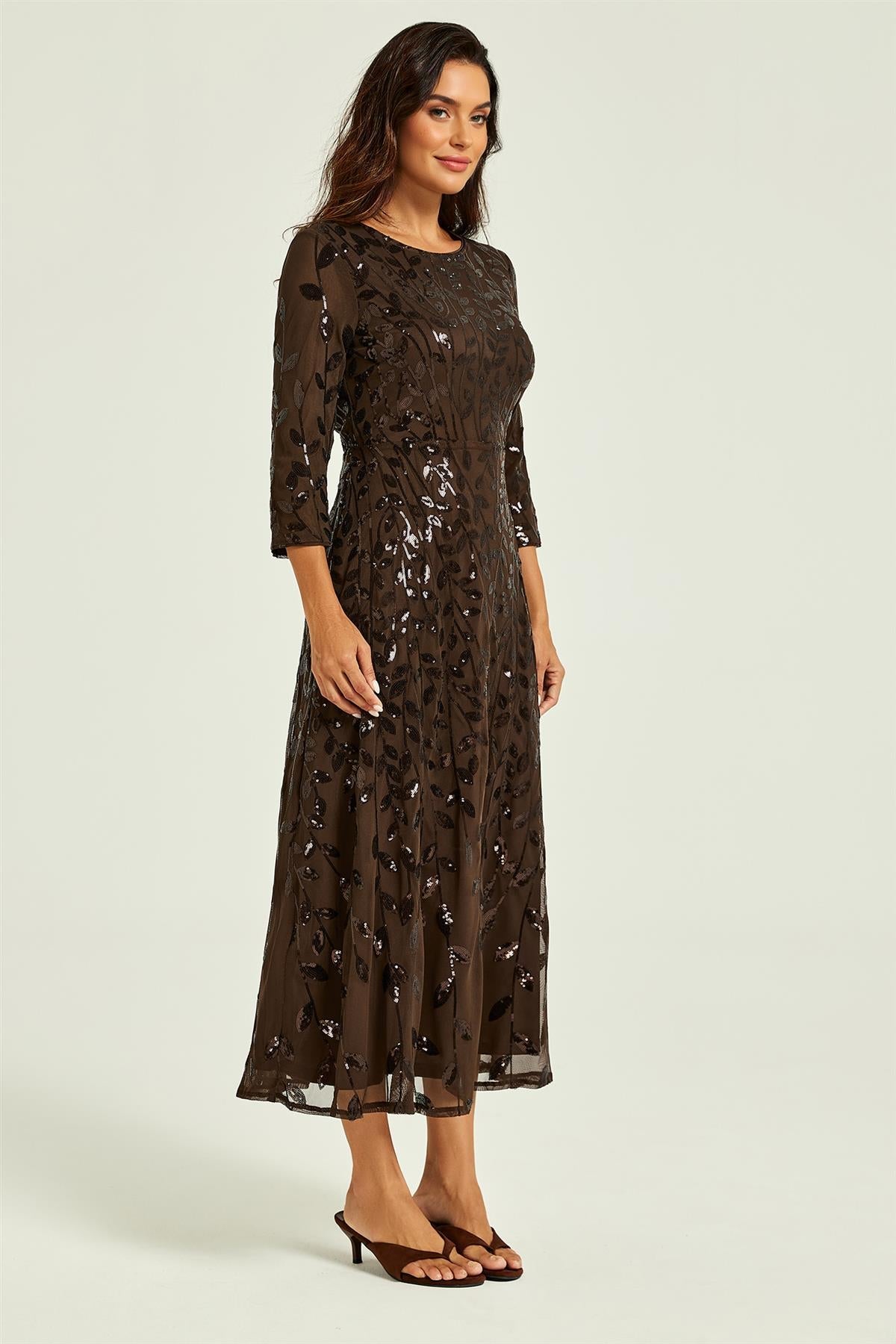 Sequin Leaf 3/4 Sleeve Bridesmaid Midi Dress In Brown