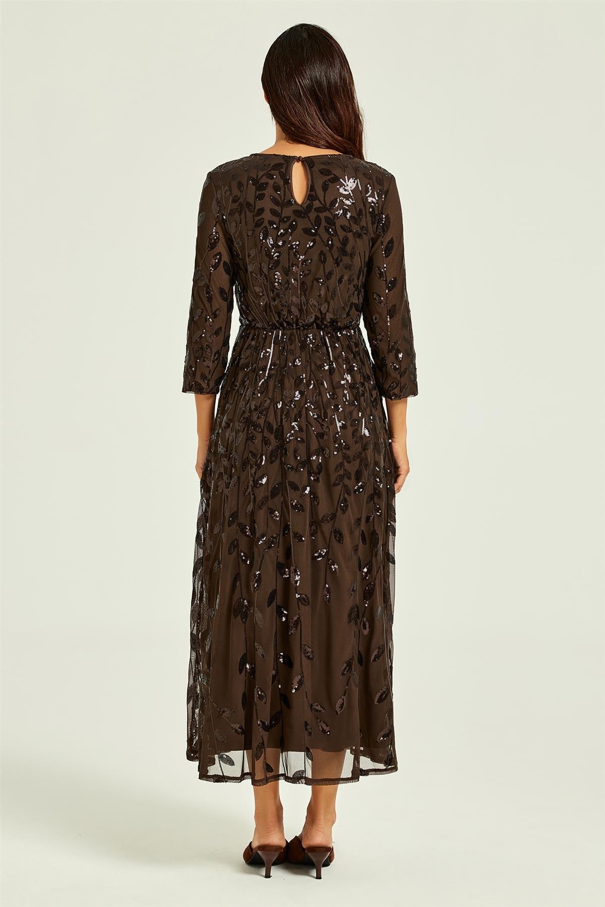 Sequin Leaf 3/4 Sleeve Bridesmaid Midi Dress In Brown