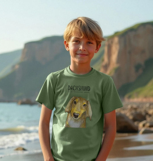 Mischievous Long Haired Hot Dog Kids' T-Shirt – Small Pup, Big Attitude!