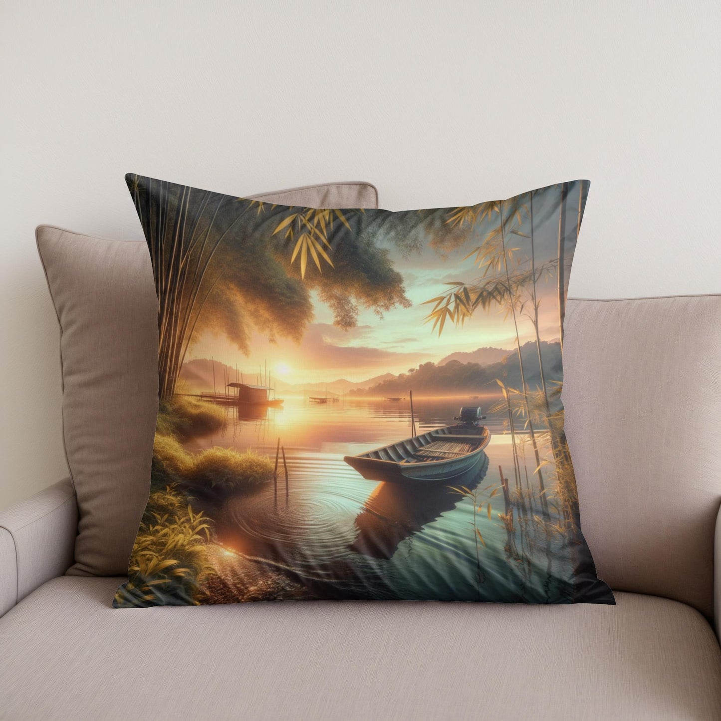 Lakeside Sunset Serenity Cotton Cushion
