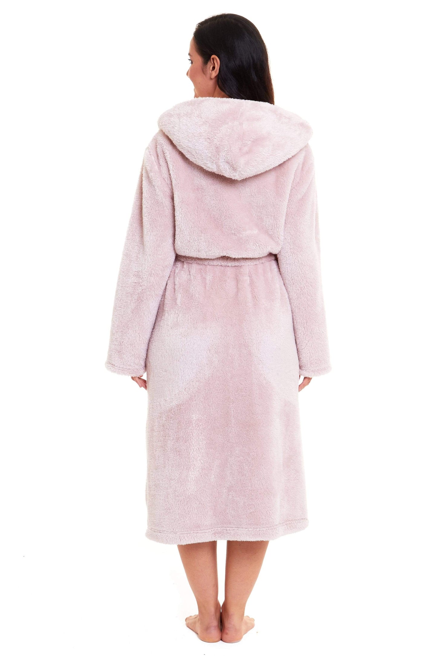 OLIVIA ROCCO Women's Pink Snuggle Fleece Hooded Robe Velvet Touch Dressing Gown Super Soft Cosy Home Loungewear