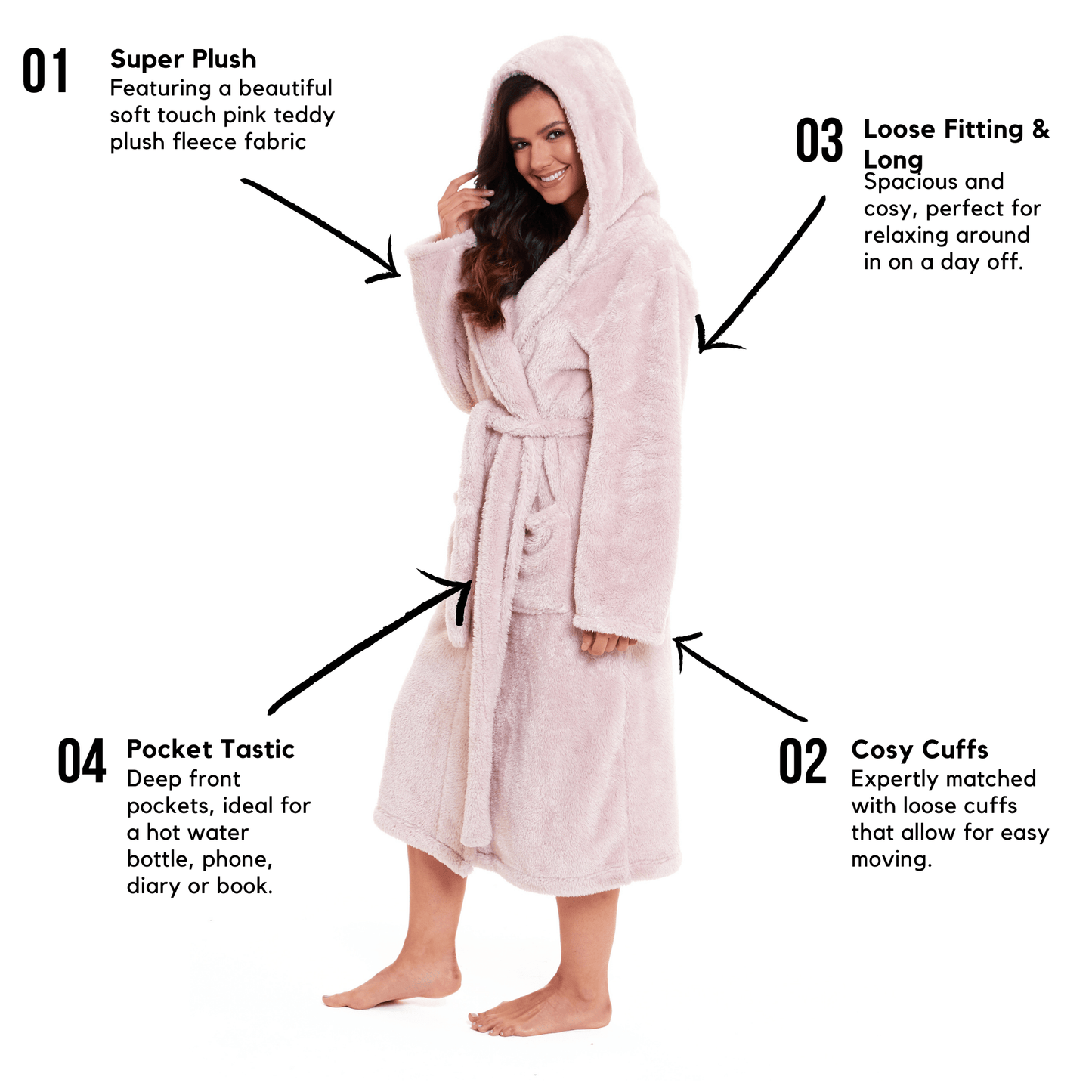 OLIVIA ROCCO Women's Pink Snuggle Fleece Hooded Robe Velvet Touch Dressing Gown Super Soft Cosy Home Loungewear