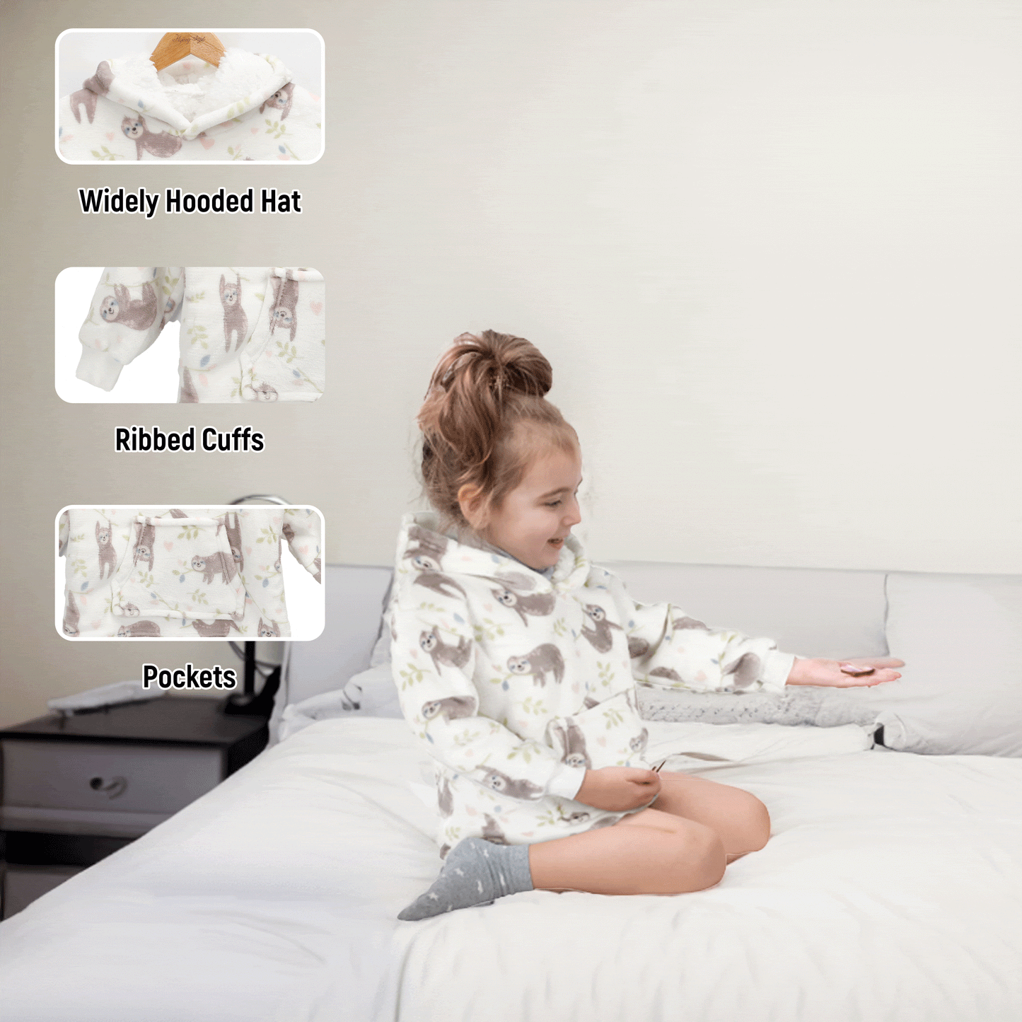 Kids Hoodie Safari & Sloth Blanket for Toddlers Ages 0-4 Unisex Warm Fluffy Wearable Sweatshirt with Pocket by Daisy Dreamer